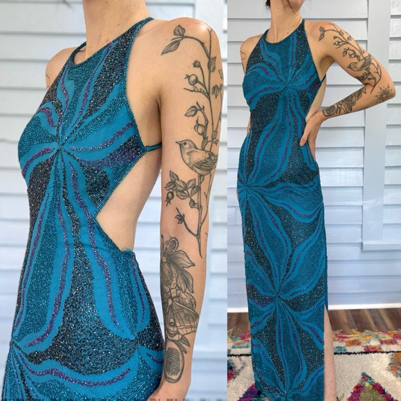 Vintage 90s Cache Psychedelic Beaded Silk Open Back Gown Dress - Picture 3 of 9